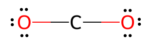 Diagrama mostrando cada átomo de oxigênio com três pares solitários de elétrons ao redor deles, completando seus octetos